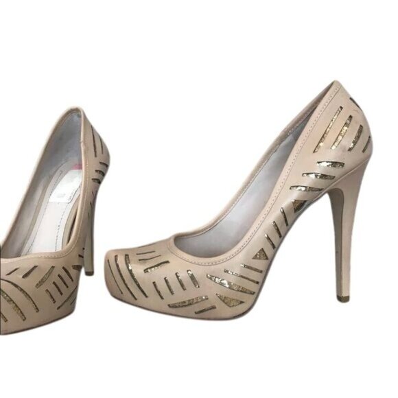 BCBGeneration Size 8.5 Leather Tan & Gold Metallic Eyelet Stiletto Pumps Heels - Picture 6 of 7
